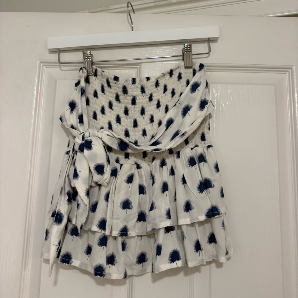 White and Navy Printed Tiered Wrap Mini Skirt